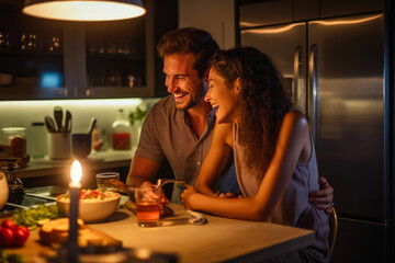 Loving couple enjoying a date night, laughing and cooking together in a home kitchen, expressing love and togetherness