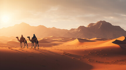 Fototapeta na wymiar Sahara Desert with sand dunes and a camel caravan