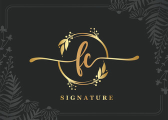 luxury gold signature initial fc logo design isolated leaf and flower