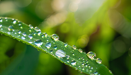 Naklejka premium Beautiful water drops after rain on green leaf in sunlight, macro. Many droplets of morning dew outdoor, beautiful round bokeh, selective focus. Amazing artistic image of purity and fresh of nature.