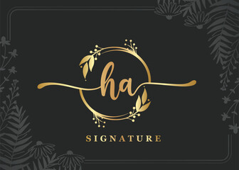 luxury gold signature initial ha logo design isolated leaf and flower