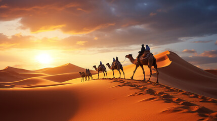 Fototapeta na wymiar Sahara Desert with sand dunes and a camel caravan