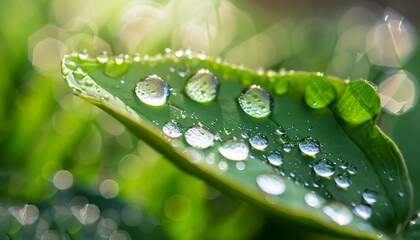 Beautiful water drops after rain on green leaf in sunlight, macro. Many droplets of morning dew...