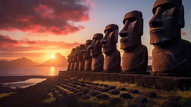 Easter Island statues with a sunset in the background