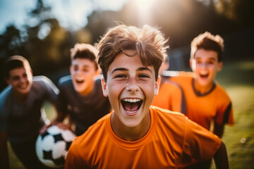 Fototapeta Teenage boys playing soccer, celebrating victory, teamwork, sports, competition, achievement, friendship and cheering obraz