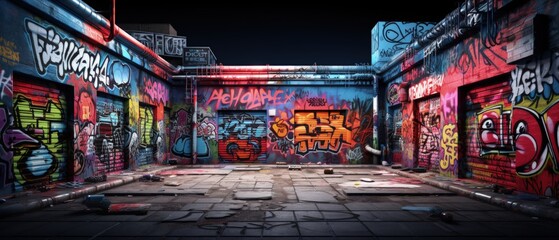 A vibrant night scene featuring graffiti-covered urban walls adorned with colorful street art, adding artistic flair to the cityscape