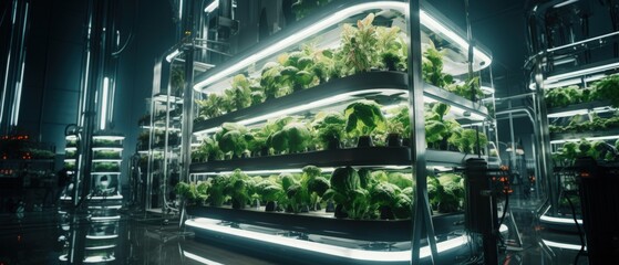 Advanced hydroponic farm showcasing multi-tiered vegetation platforms amid steel structures.