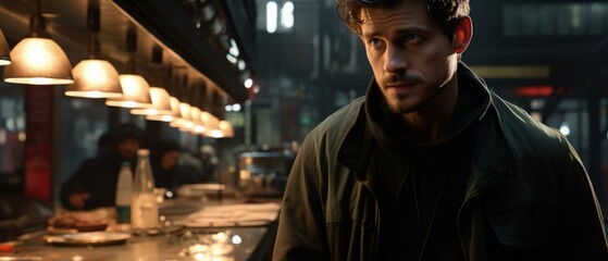 Brooding man in a diner, green jacket, tousled hair, under warm lights, intense gaze, urban setting backdrop.
