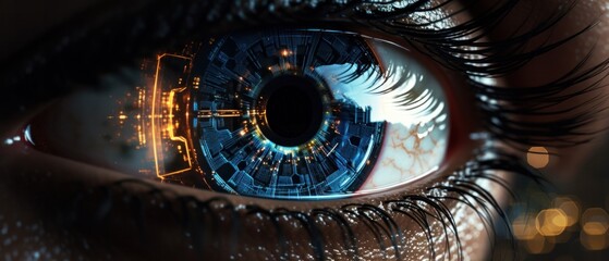 Detailed shot of human eye with intricate blue digital circuit patterns, symbolizing advanced cybernetic technology.