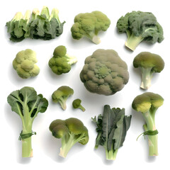 Delicious Broccoli Floret variations on a white background