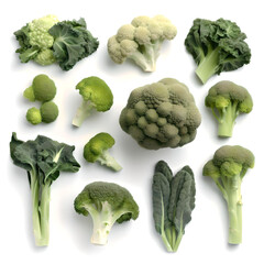 Broccoli vegetable variations on a white background