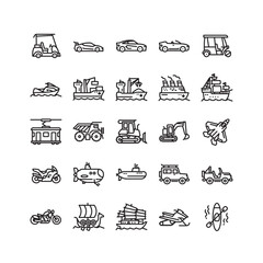 Simple Set of Transportation-Related Vector Line Icons Contains such Icons as sport car, tram, dump truck, jet fighter, jeep, sail boat, and more. Editable Stroke. Pixel-perfect at 64x64 © Utha Design