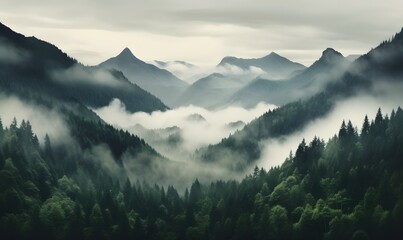 AI Generative. Photo realistic illustration of mountains forest fog morning mystic.