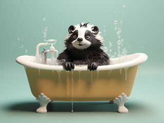 A Cute 3D Skunk Taking a Bath in a Bathtub against a Solid Color Background | Generative AI
