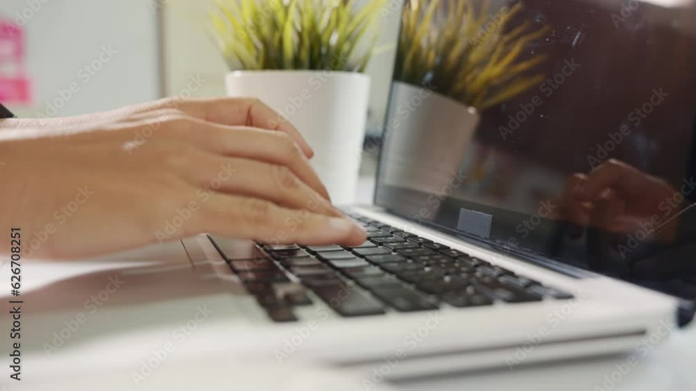 Aufkleber typing keyboard. female person text message for new project she remote work on computer, closeup han