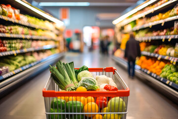 Shopper's perspective, POV, down a brightly lit grocery store aisle, with a shopping cart, fresh produce and packaged goods on display aisles