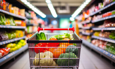 Shopper's perspective, POV, down a brightly lit grocery store aisle, with a shopping cart, fresh produce and packaged goods on display aisles