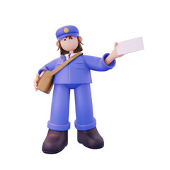 female postal courier delivers a postal letter from the right