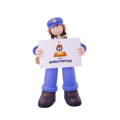 female postal courier carrying poster posing from front