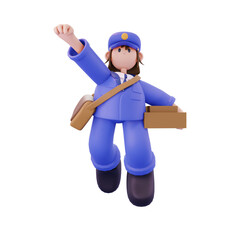 female postal courier carrying box flying pose from front