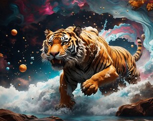 The fascination and power and strength of a tiger in its great beauty, mixed with the power of human transformation in the midst of nature. Generated by AI.