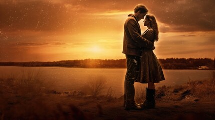 Happy couple in love standing on a field at sunset - very romantic scene - catching a moment of endearment