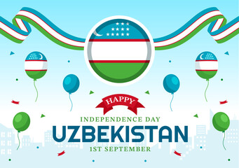 Happy Uzbekistan Independence Day Vector Illustration on 1st of September with Uzbek Flag Background in National Holiday Hand Drawn Templates