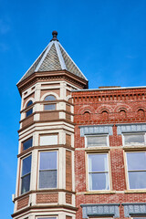 Top tower of old brick building in Public Square in Mount Vernon Ohio