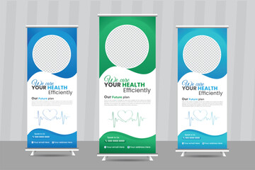 Creative  health care and medical roll up design, standee banner template for exhibition, and hospital doctor clinic dental. standing banner template