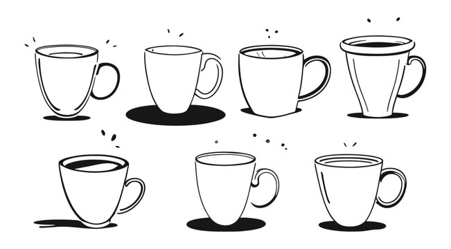 Tea or coffee cup vector doodle hand drawn line set.