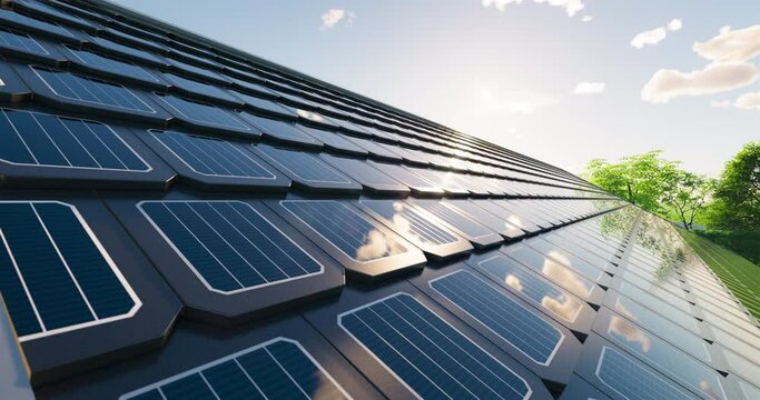 3d rendering of solar or photovoltaic shingles in perspective on roof of home or house building. System technology to generate electrical power or direct current electricity by light or sunlight.
