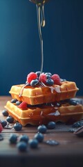Honey dripping on delicious waffles with raspberry and blueberries on a wooden table scatter with fruits. Created with Generative AI technology
