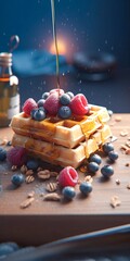 Honey dripping on delicious waffles with raspberry and blueberries on a wooden table scatter with ingredients. Created with Generative AI technology