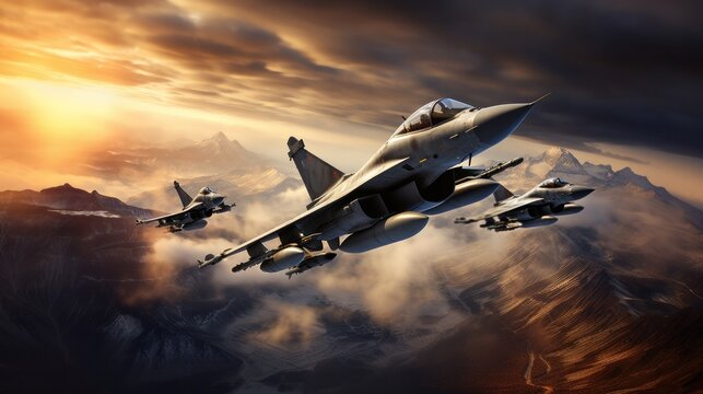 Fighter jets in the sky at sunset.