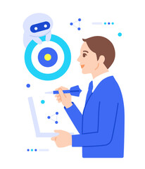 マーケティングに関わる業務を自動化し効率化する。ビジネスパーソンとAIのイラスト素材。