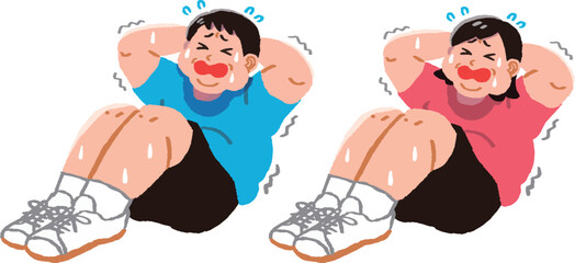辛そうに腹筋運動する男女
