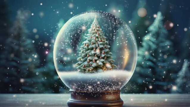 Sparkling snow globe with snowy Christmas tree. Concept of seasonal delight.