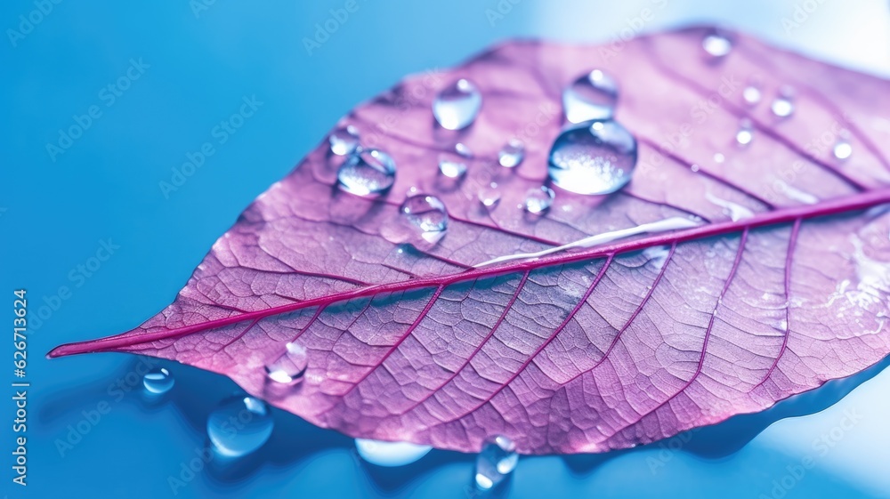 Poster the close-up of transparent skeleton leaf with water drops on beautiful texture in a blue and pink b
