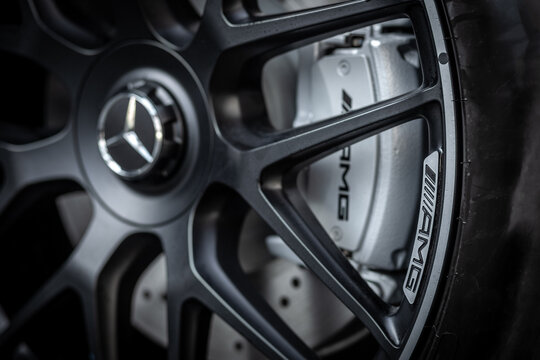  Novosibirsk, Russia - July  21, 2023:  silver Mercedes-Benz GLE Coupe AMG 53 4Matic+ 2023,  close-up car wheel with aluminum alloy wheel and new tires.