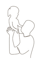 Modern line art of father and little daughter holding while playing together. bonding love playful happy single parent. 