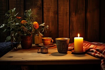 The arrangement within the indoor space includes a wooden table adorned with a cup and candles.