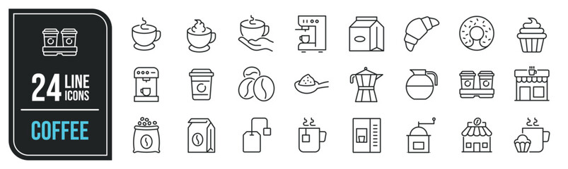 Coffee minimal thin line icons. Related tea, milk, teapot, breakfast. Editable stroke. Vector illustration.