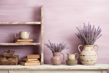 Fototapeta na wymiar Provence-inspired home decoration with a shabby chic farmhouse interior. A vintage shelf adorned with a pitcher filled with lavender, an assortment of books, and wooden letters complements the pastel