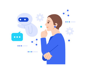 顧客開拓。マーケティング活動を可視化し自動化すべくAIを使う女性のイラスト素材。