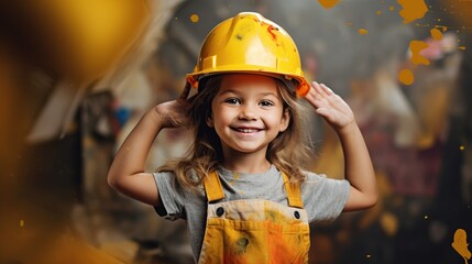 Smiling Cute Girl construction worker look on free background - labor day cute model Generative Ai