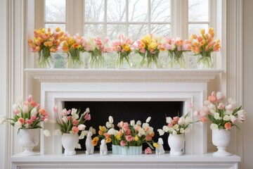 Fototapeta na wymiar Spring-themed decorations can be seen on a white mantel display, featuring tulips and bunnies.
