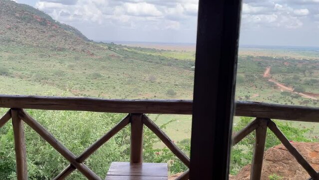 afracan national park tsavo east savanna on sunrise trip landscape tour, view from the hotel balcony
