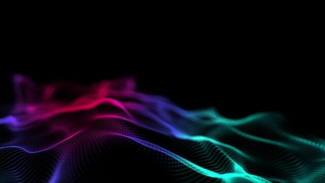 abstract futuristic background with pink, purple and green neon moving lines and waves. Wallpaper. Abstract mesh in motion
