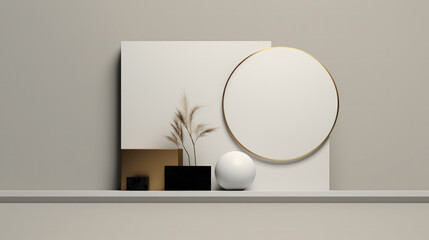 Minimalist Shelf with Canvas and Gold Frame on Gray Wall with Plant Sphere and Frame AI Generated