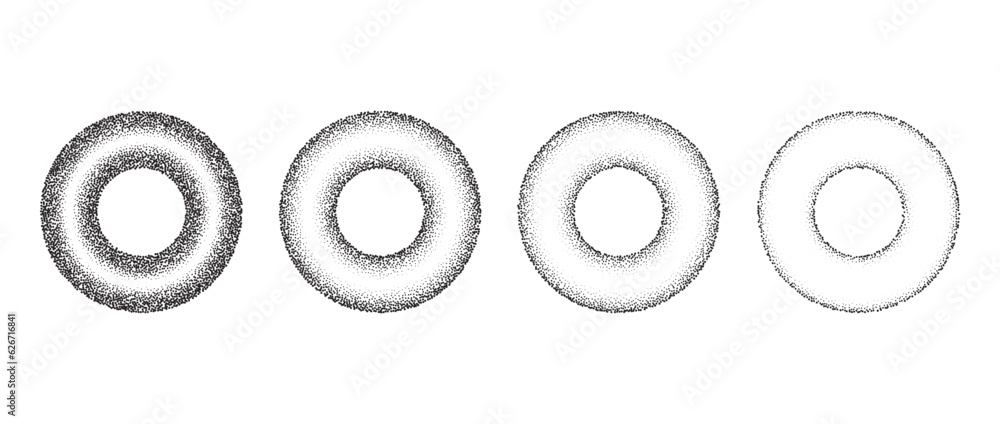 Poster Set of textured gradient rings. Black dotted circles collections. Stippled round elements pack. Fading noise grain dotwork shapes. Halftone effect illustrations. Vector bundle